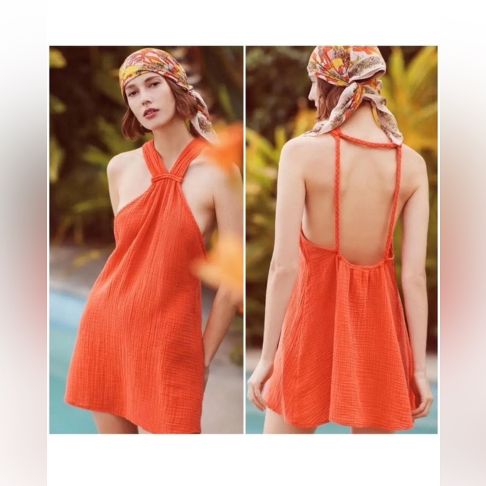 Anthropologie Braided Halter Mini Dress Orange Beach Pool Size Small Boho Summer